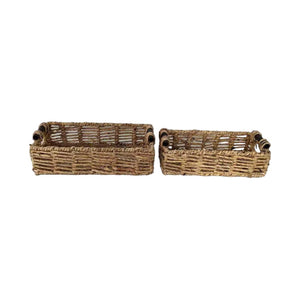 Woven Rectangular Tray with Wooden Handles - Set of Two