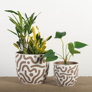 White and Brown Terracotta Pot with Aztec Inspired Design, Set of 2