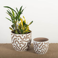 Load image into Gallery viewer, White and Brown Terracotta Pot with Aztec Inspired Design, Set of 2
