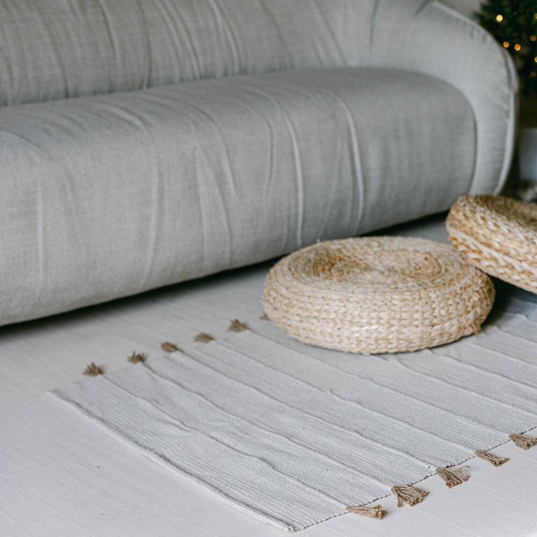 Antique White Rectangular Jute and Cotton Rug with Jute Tassels