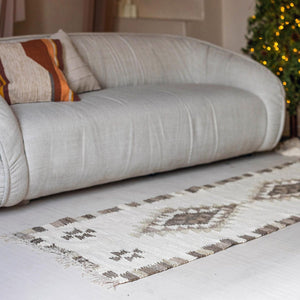 Beige and Brown Cotton Runner Rug with Diamond Design and Fringed Edges