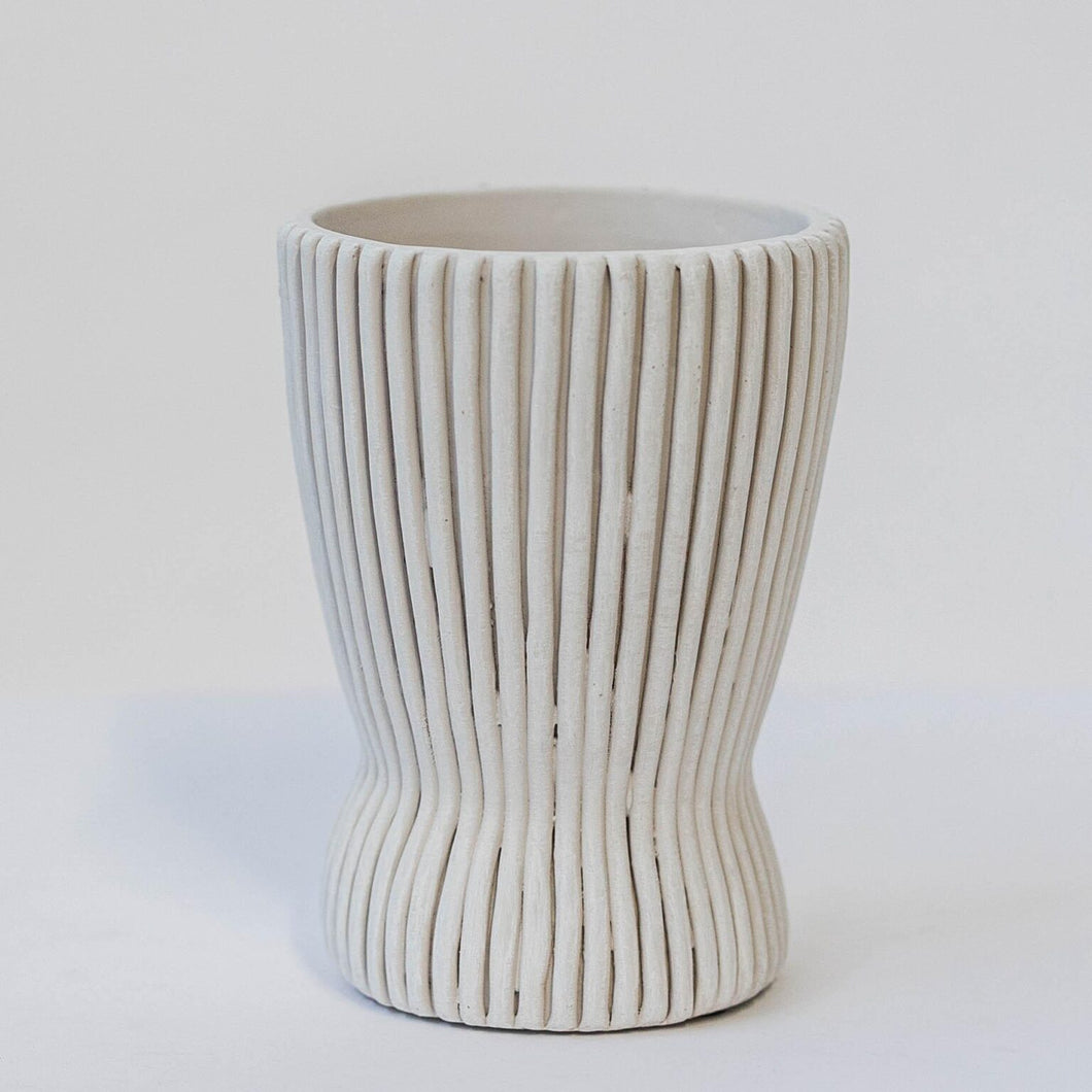 White Ribbed Pattern Cement Flower Pot