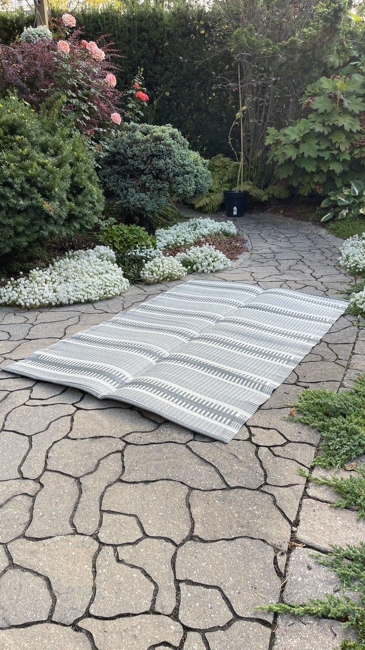 Outdoor Grey and White Striped Rug