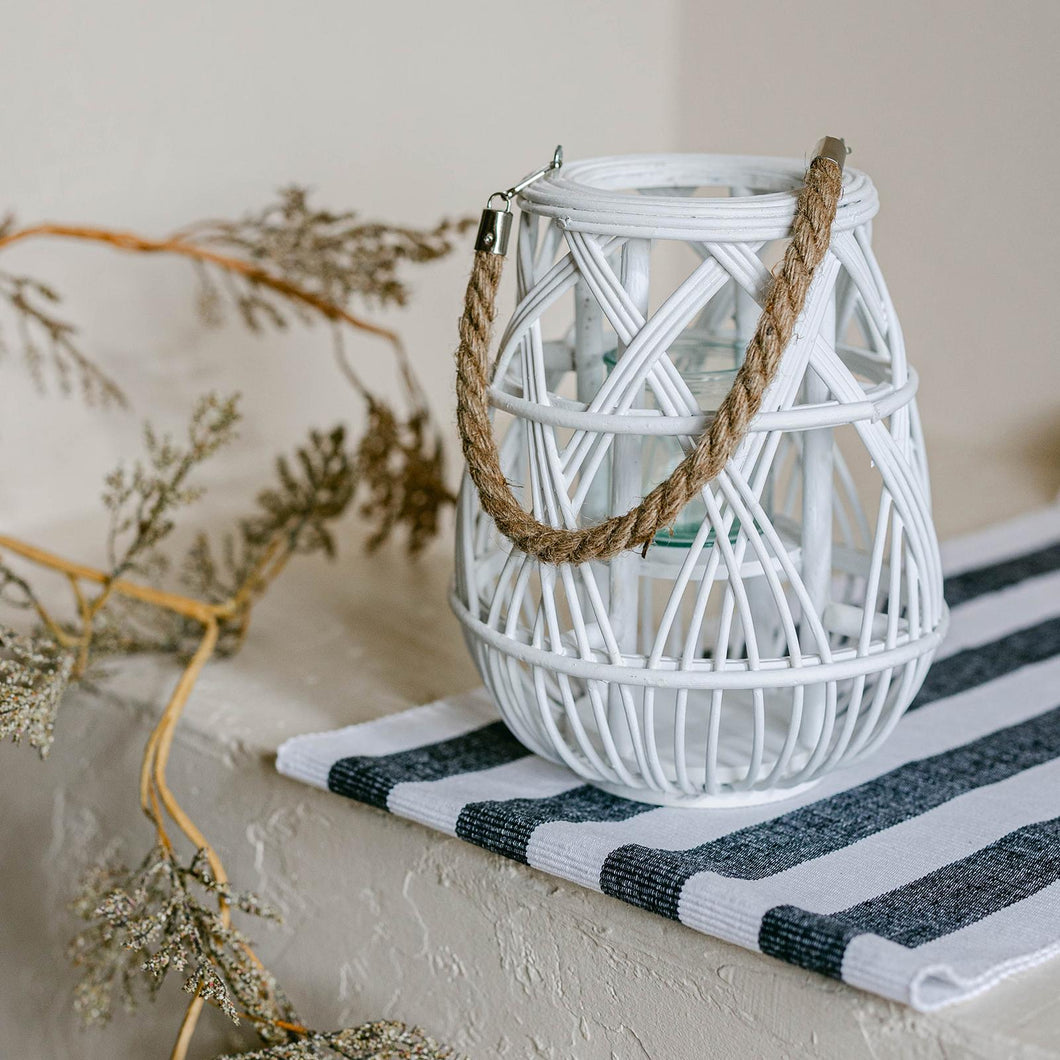 White Wooden Stick Lantern with Rope