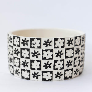 Cement Flower Pot, Checkers and Flowers, Black