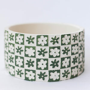 Cement Flower Pot, Checkers and Flowers, Green