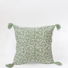 Load image into Gallery viewer, Green Floral Pattern Cotton Cushion Cover with Tassels
