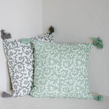 Load image into Gallery viewer, Green Floral Pattern Cotton Cushion Cover with Tassels
