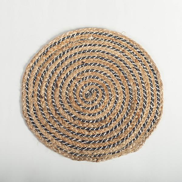 Jute/Cotton Round Placemat - Black with White Woven Spiral