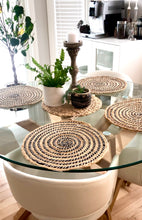 Load image into Gallery viewer, Jute/Cotton Round Placemat - Black with White Woven Spiral
