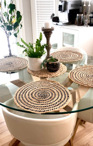 Jute/Cotton Round Placemat - Black with White Woven Spiral